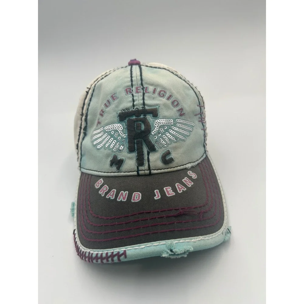 True Religion Distressed Trucker Hat Sequin Wings Mesh Back Multi-Color Cap